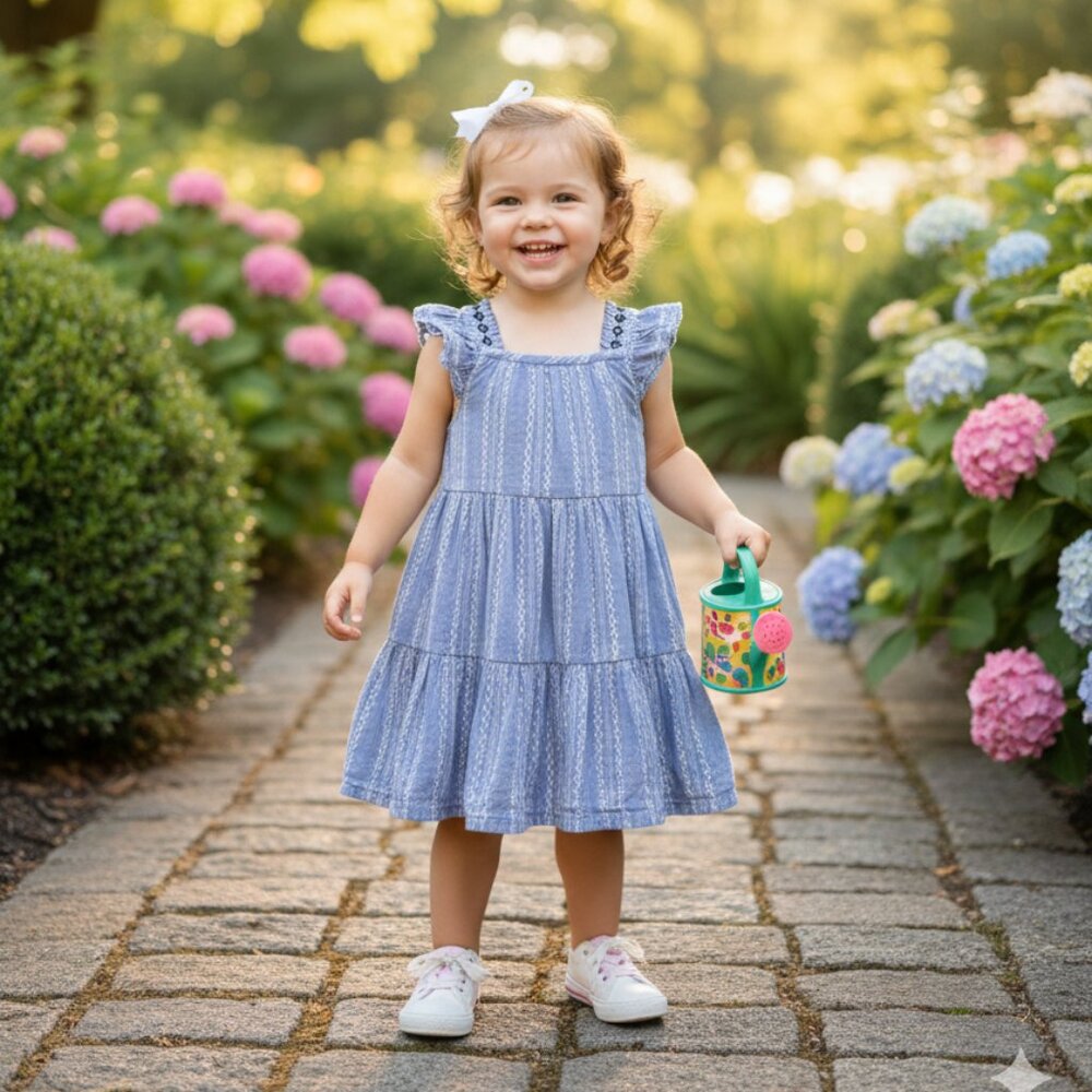 ⭐ Cynthia Rowley Blue Embroidered Tiered Dress With Flutter Sleeves 3T